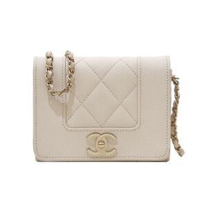 Mademoiselle Caviar Gold Mini Chain Wallet Crossbody Bag White